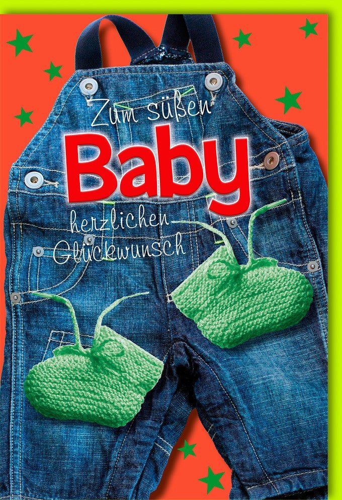Unisex Baby Geburtskarte mit Jeans Latzhose Motiv – Perfekt für Babyparty, Junge & Mädchen mit passendem Kuvert – Glücksmomente