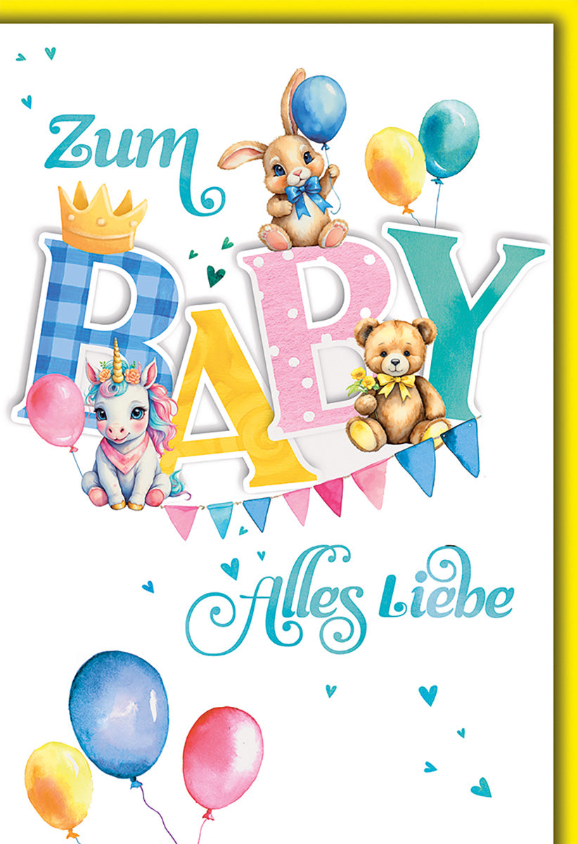 Geburtskarte: Verspieltes Baby-Motiv mit Einhorn, Hase & Bär in Pastellfarben für Jungen und Mädchen