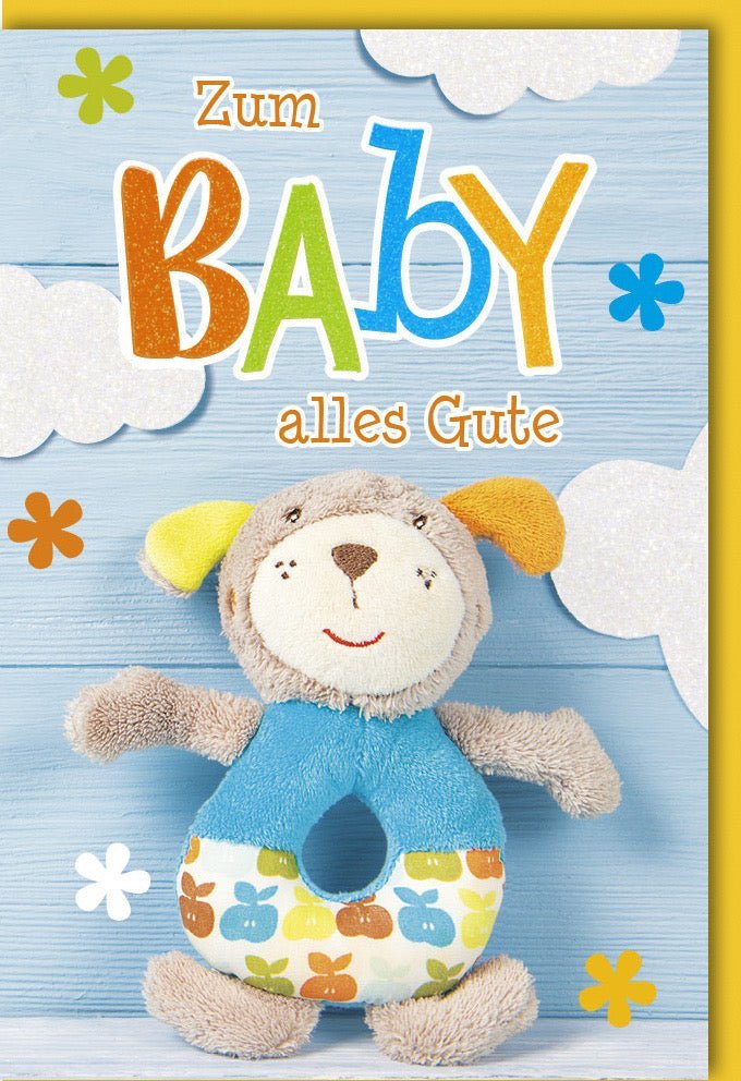 Geburtskarte – Willkommen Baby: Bärchen & Wolken Design, Glitzerlack-Veredelung, Blumenmotiv zur Babyparty mit Kuvert