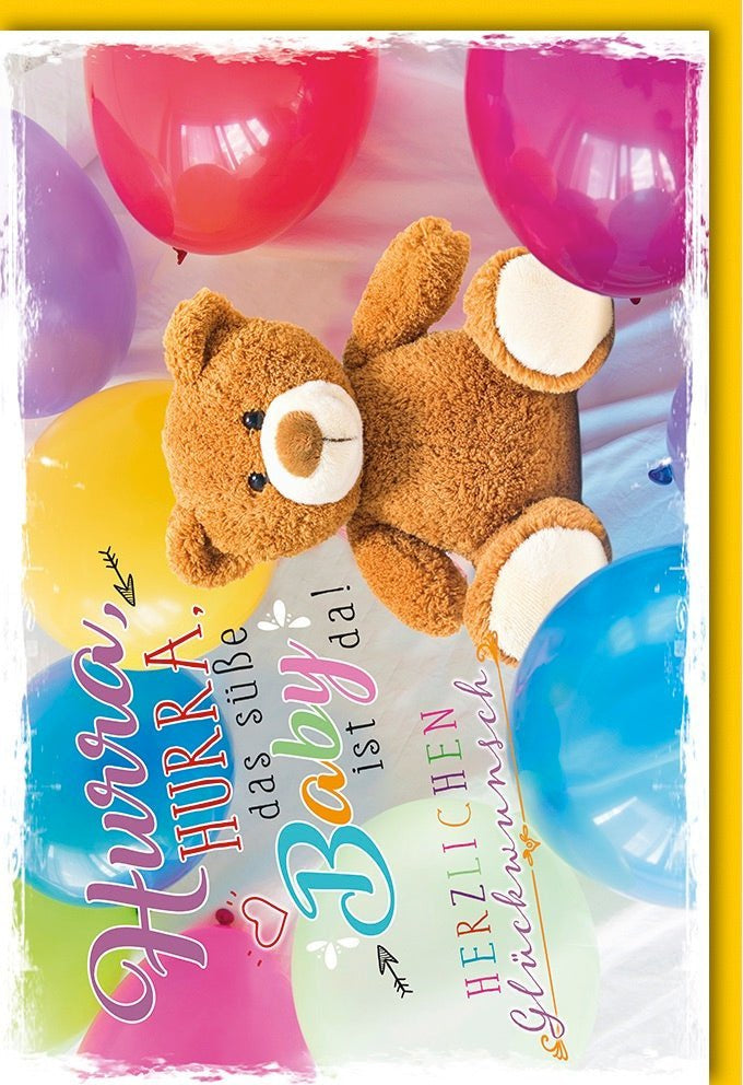 Geburtskarte "Hurra, das Baby ist da!" – Zarter Glückwunsch mit Teddybär & Ballons Design, inkl. farblich passendem Kuvert