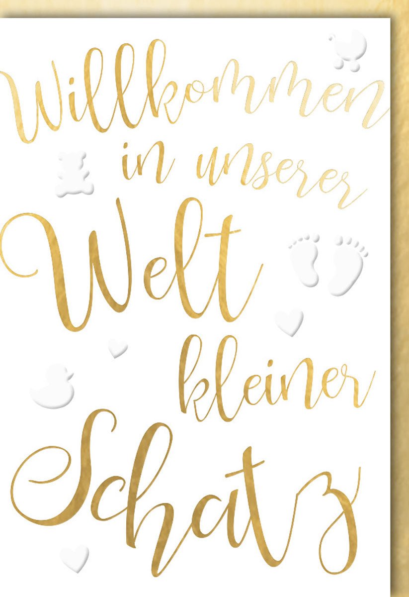 Geburtskarte "Kleiner Schatz": Goldene Schrift, Babyfüße, Teddybären, Blind- & Folienprägung – Inkl. Kuvert