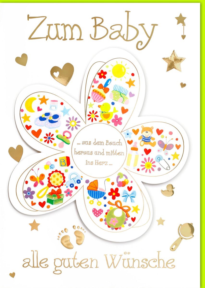 Geburtskarte XXL A4: Goldene Sterne & Herzchen, Babykarte mit Folienprägung – Großformat für liebevolle Glückwünsche zur Geburt