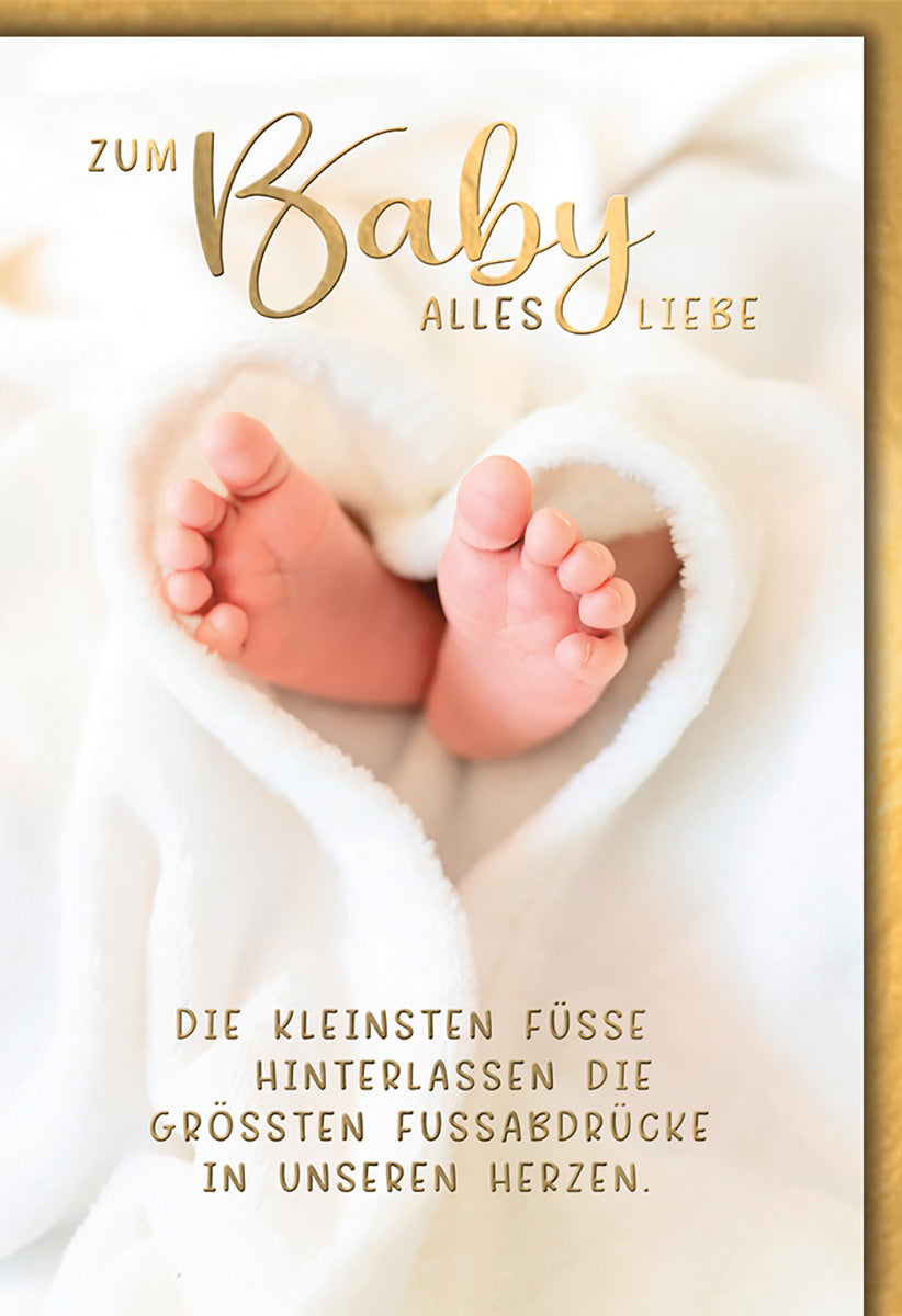 Geburtskarte: Zarte Babyfüße im Herz aus Decke – Liebevolle Glückwünsche zur Geburt in Goldoptik