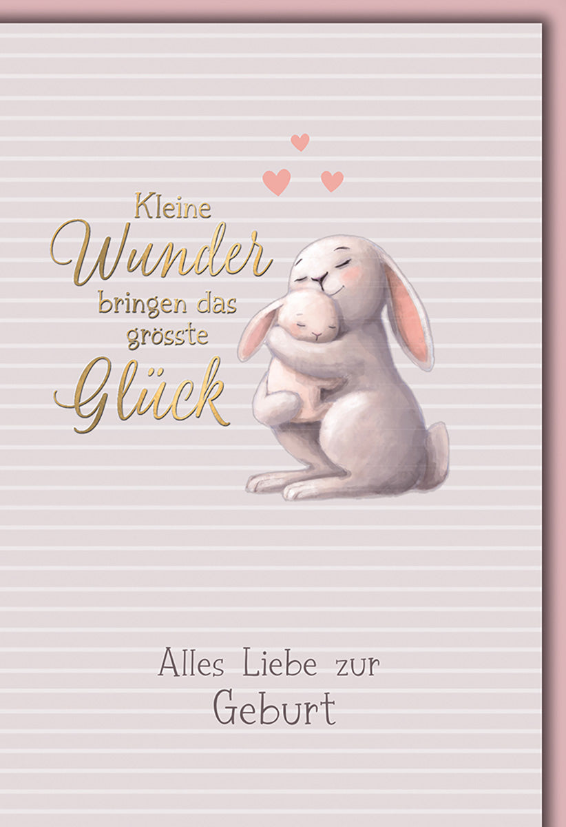 Geburtskarte: Zartes Hasenmotiv mit Herzchen – Liebevolle Glückwünsche zur Geburt in Pastelltönen