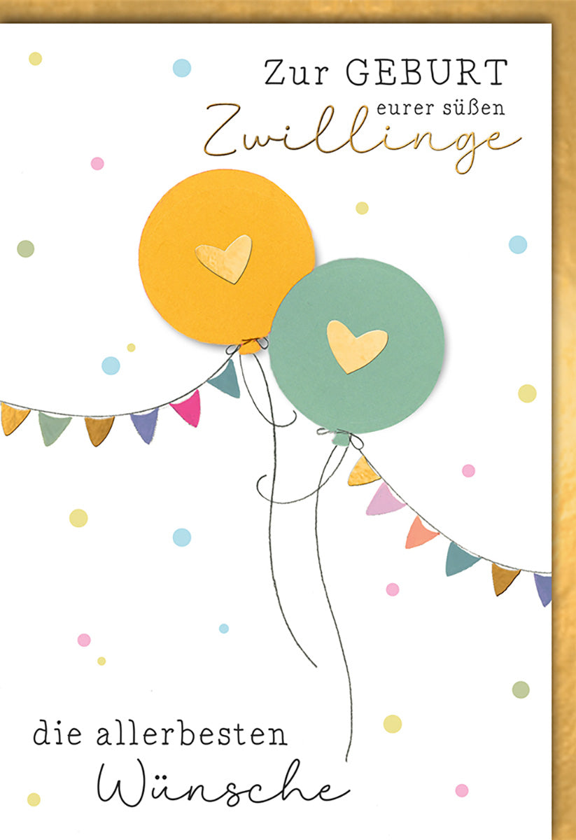 Geburtskarte Zwillinge – Bunte Luftballons & Girlanden, Verspieltes Design für Neugeborene