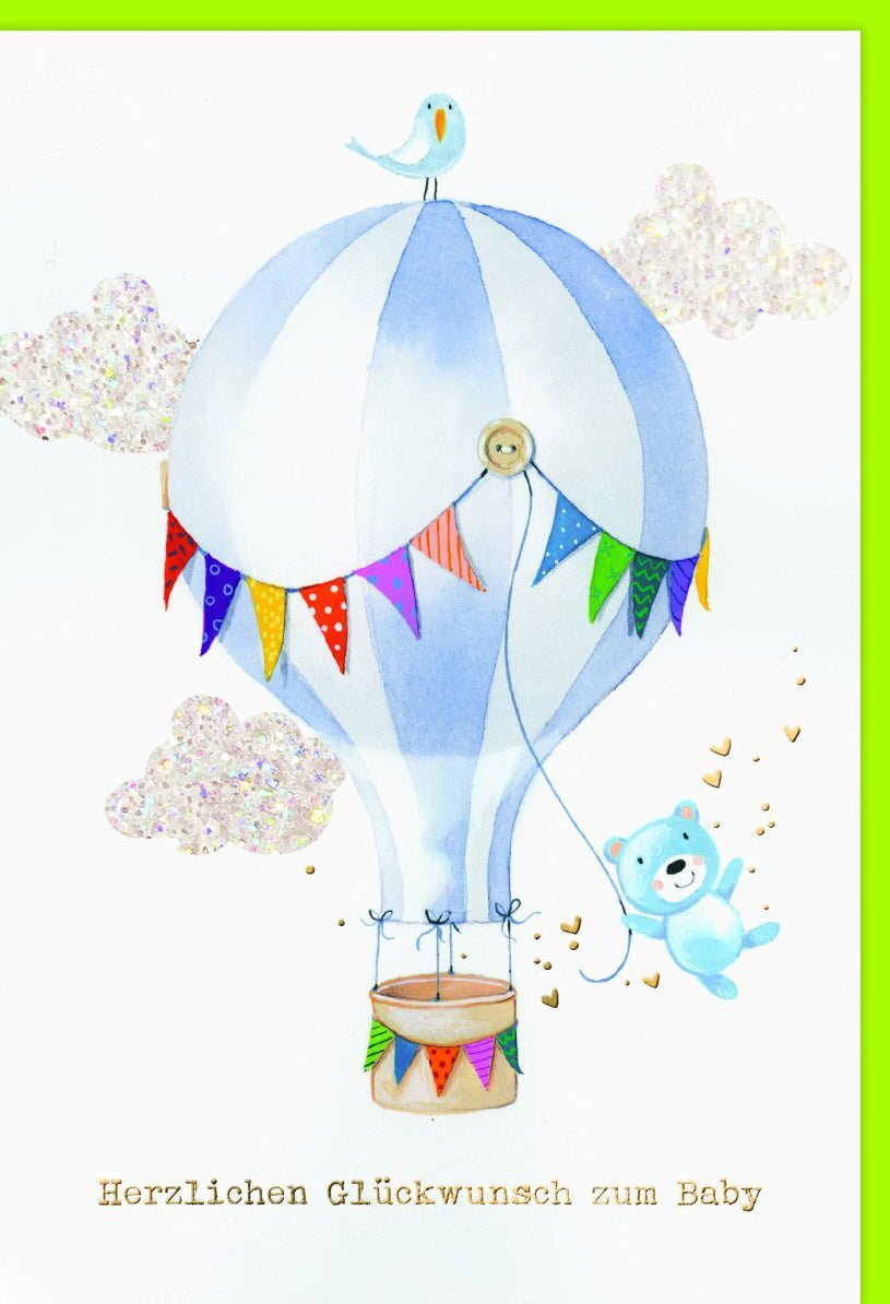 Geburtskarte Zwillinge: Heißluftballon & Bär – Herzliche Glückwünsche zur Baby Geburt auf Naturkarton