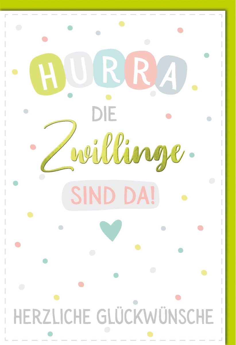 Geburtskarte Zwillinge: Fröhliche Glückwünsche mit bunten Punkten & Pastellfarben Design – Edle Folienprägung, inkl. Kuvert