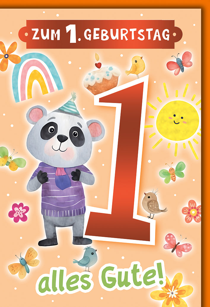 Geburtstagskarte 1. Geburtstag: Pandabär mit großer Zahl 1, bunte Kindermotive