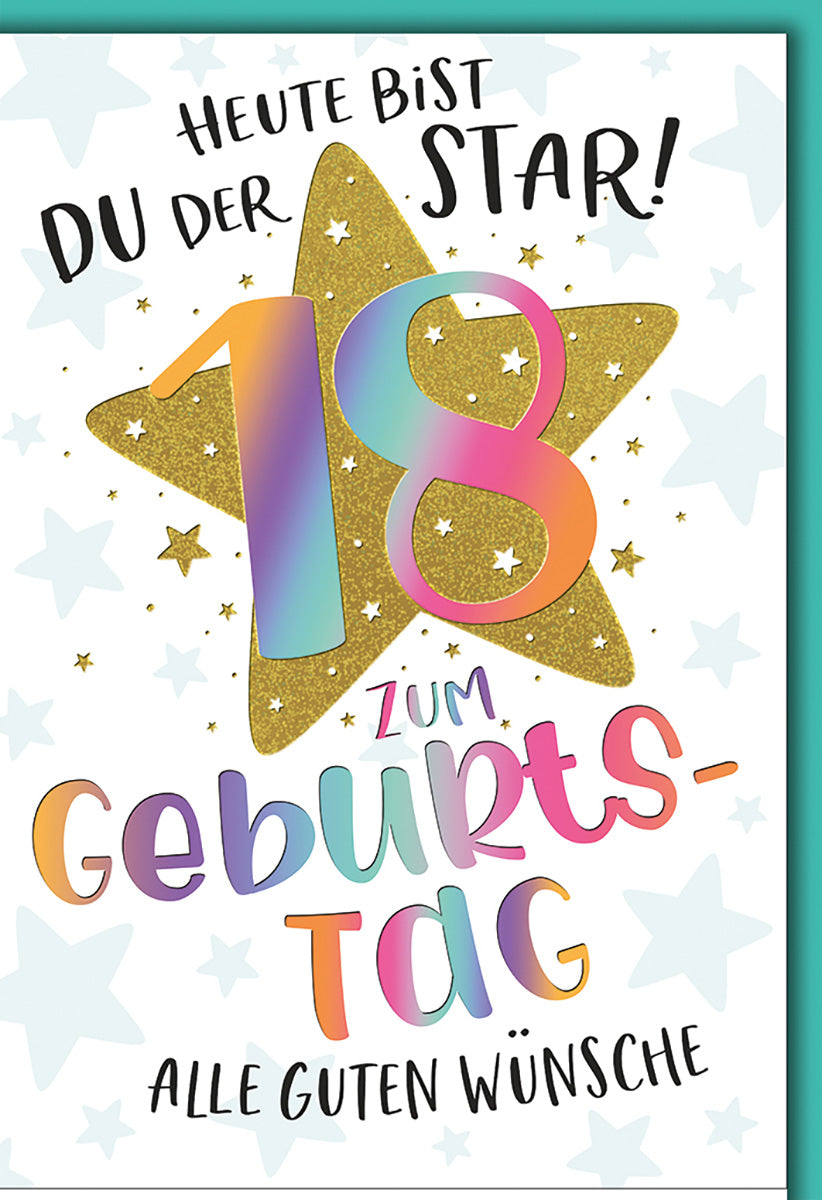 Geburtstagskarte 18. Geburtstag: Bunter Regenbogen-Look mit Goldstern und Sternenmuster für junge Erwachsene