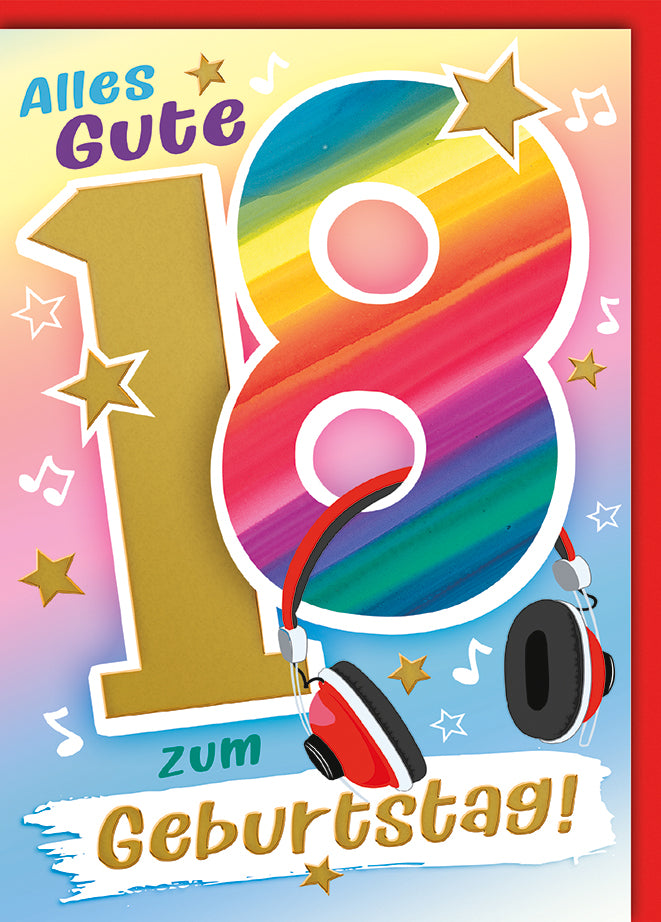 Geburtstagskarte 18. Geburtstag: Regenbogen-Zahlen mit Kopfhörern, moderner Pop-Art-Stil