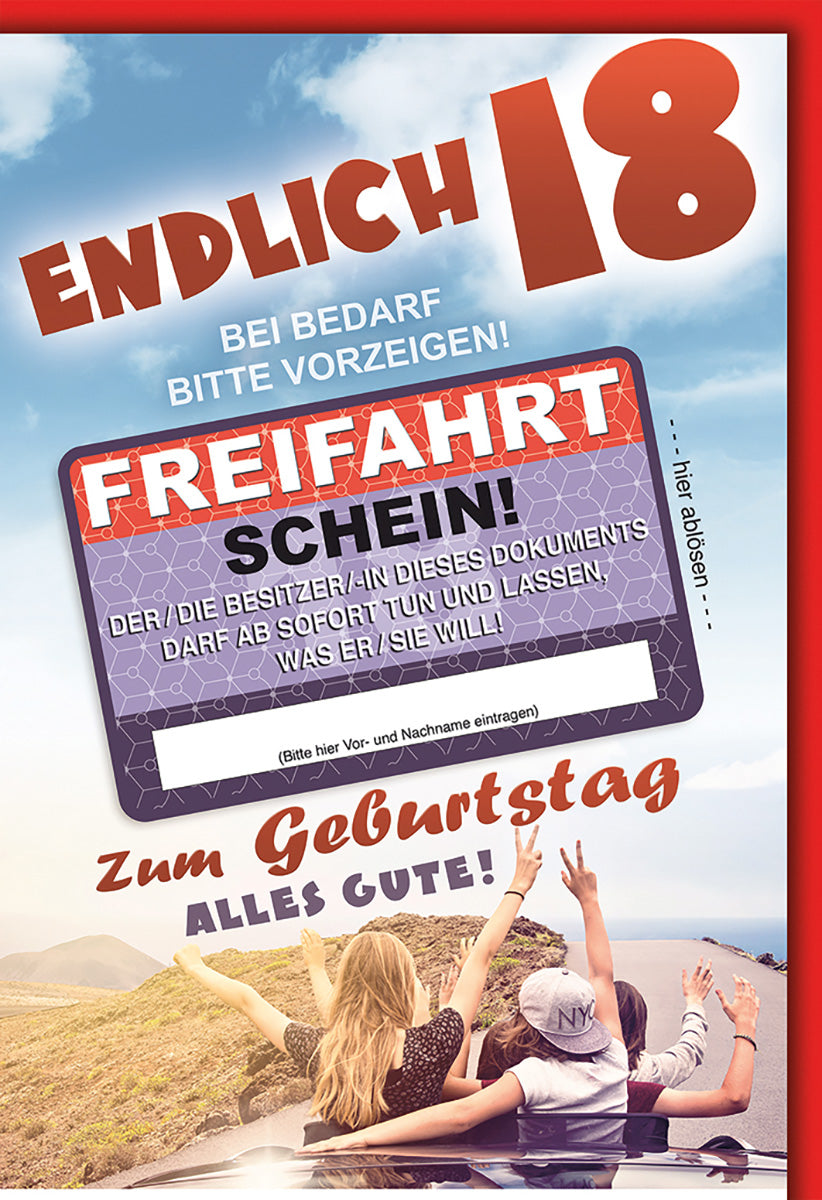 Geburtstagskarte 18: Humorvoller Freifahrtschein, fröhliche Autofahrt, lebendige Farben für junge Erwachsene