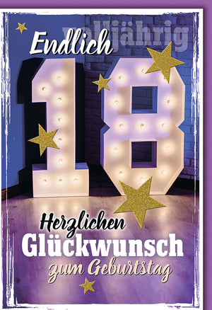 Geburtstagskarte 18: Leuchtende Zahlen & Goldsterne, Modernes Design für Junge Erwachsene