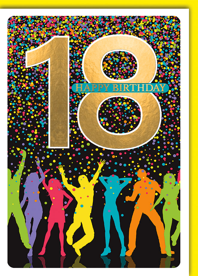 Geburtstagskarte 18: Tanzende Silhouetten mit buntem Konfetti-Regen, goldene Zahlen