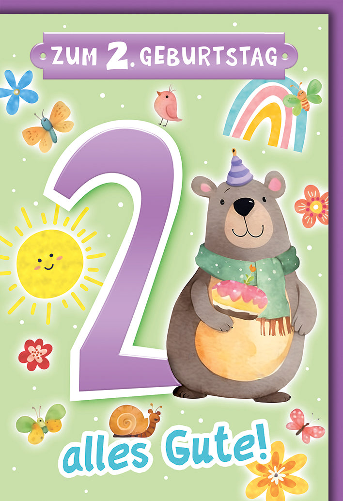 Geburtstagskarte 2. Geburtstag: Fröhlicher Bär mit Cupcake in bunten Pastell-Farben