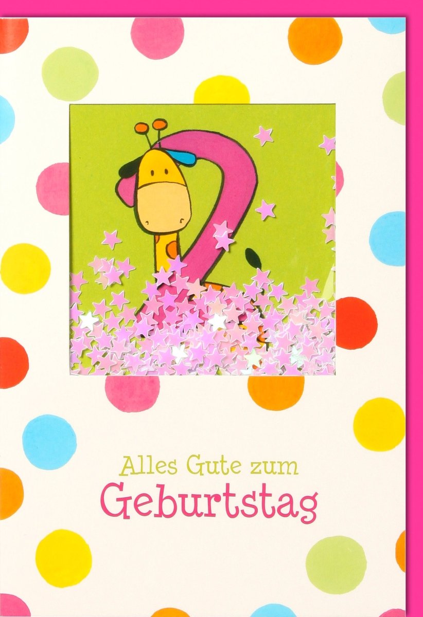 Geburtstagskarte 2 Jahre – Bunte Giraffe, Schüttelkarte mit Konfetti & Applikation, Partyspaß für Kinder, inkl. Kuvert