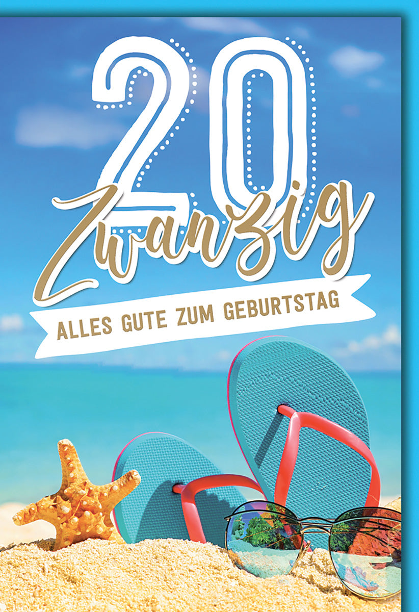 Geburtstagskarte 20. Geburtstag: Sommerliches Strandmotiv mit Flip-Flops und Seestern in Blau und Gold
