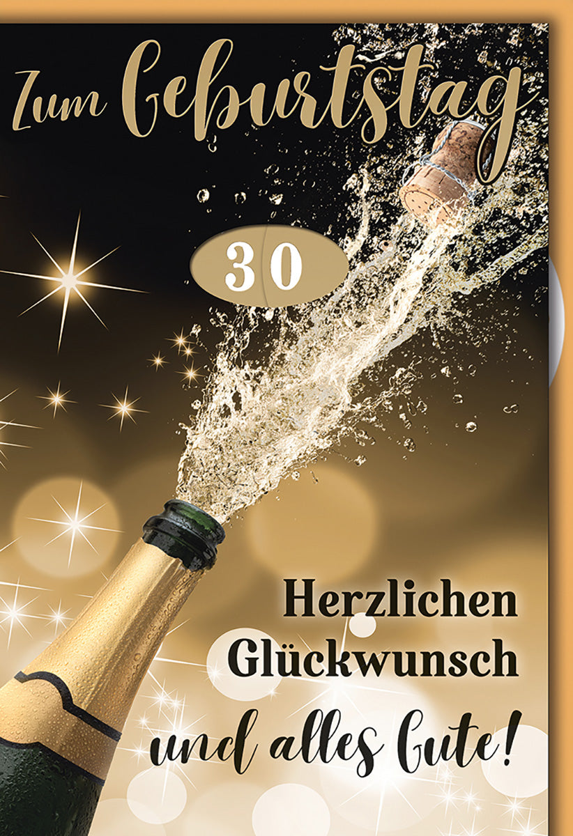 Geburtstagskarte 30. Geburtstag: Elegante Champagnerflasche, goldene Sterne, festlicher Glanz für Sie