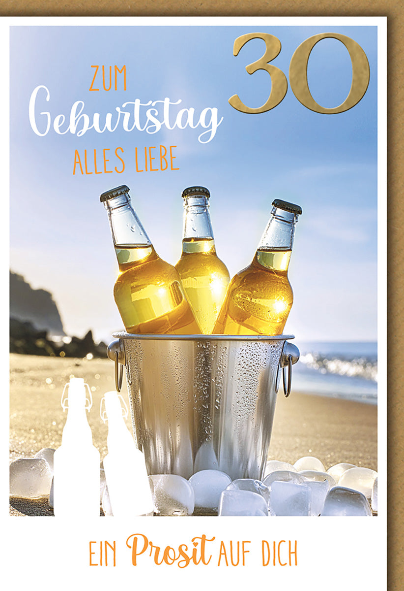 Geburtstagskarte 30: Strandmotiv mit Bierflaschen im Eiskübel, ideal für Männerfeier am Meer