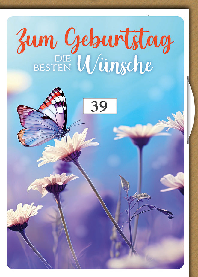 Geburtstagskarte Zahlengeburtstag Drehrad: Schmetterling auf Blumenwiese, elegantes Design in Pastelltönen