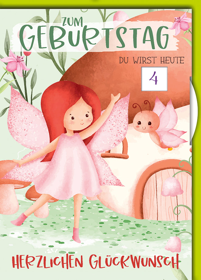 Geburtstagskarte Zahlengeburtstag Drehrad: Märchen-Fee mit roten Haaren und Schmetterling, Aquarell