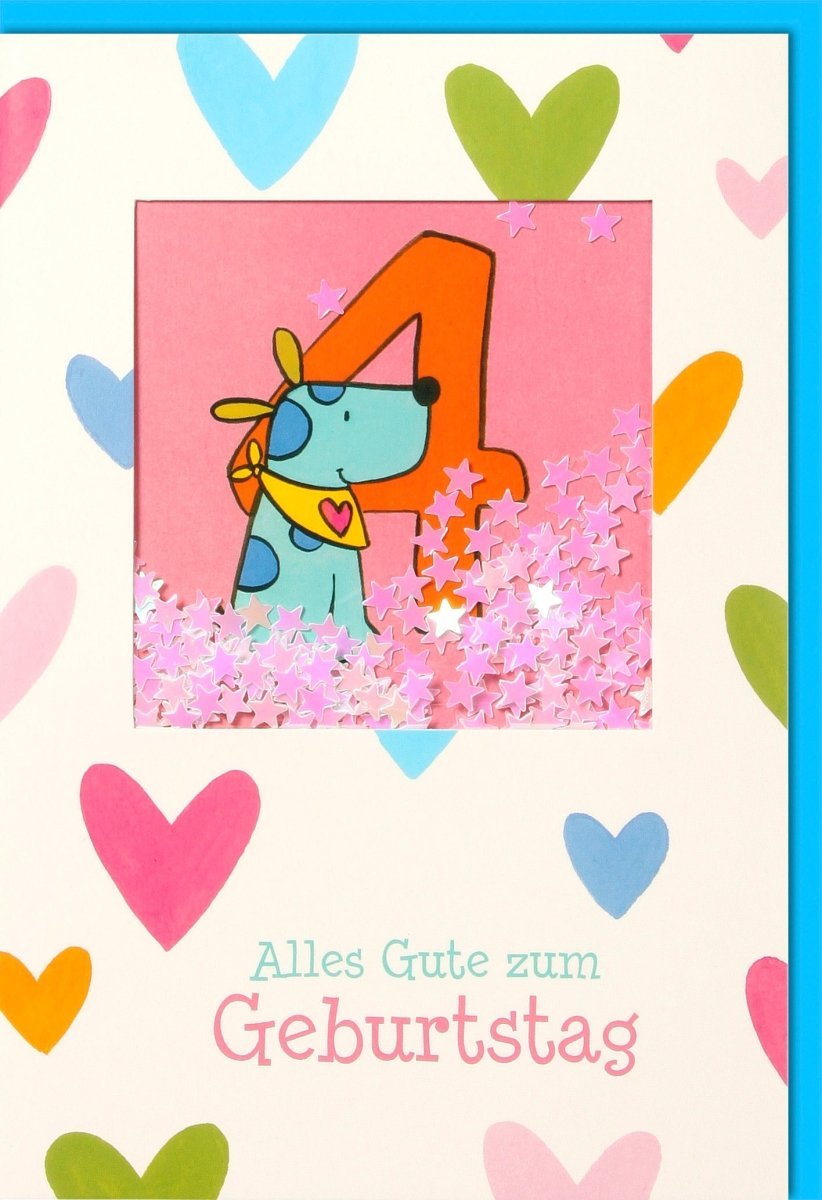 Geburtstagskarte 4 Jahre - Bunter Cartoon-Hund mit Herzchen & Applikation, Blau-Gelb, inklusive farblich passendem Kuvert