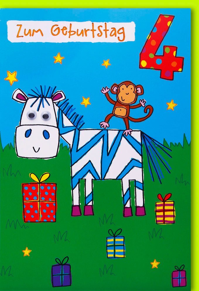 Geburtstagskarte 4 Jahre – Lustige Glückwünsche mit Zebra & Affe Design, Applikation, inkl. farblich passendem Kuvert