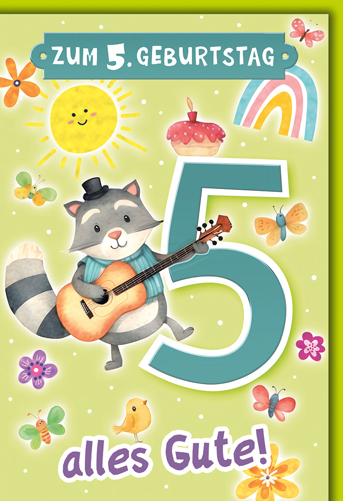 Geburtstagskarte 5 Jahre: Waschbär mit Gitarre, bunte Illustration mit Regenbogen