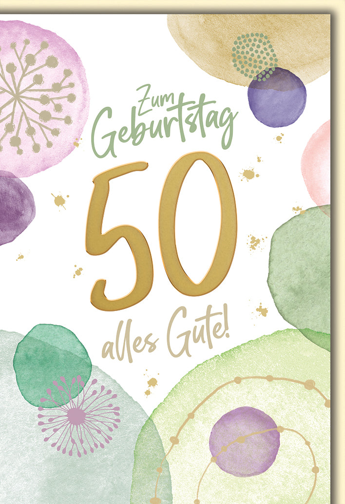 Geburtstagskarte 50: Aquarell-Kreise in Pastelltönen mit botanischen Elementen