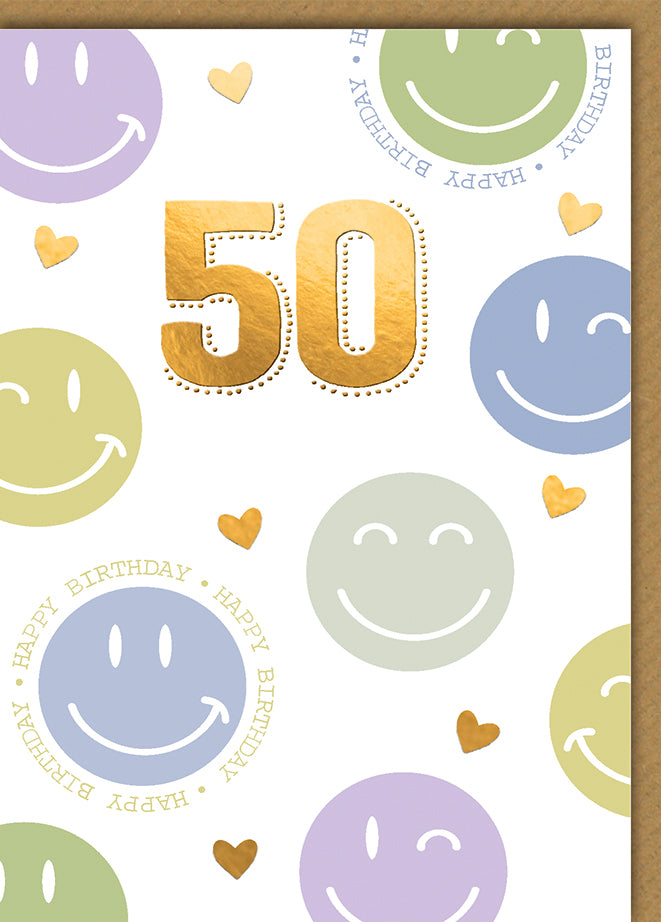 Geburtstagskarte 50: Bunte Pastell-Smileys mit goldener 50 und Happy Birthday Text