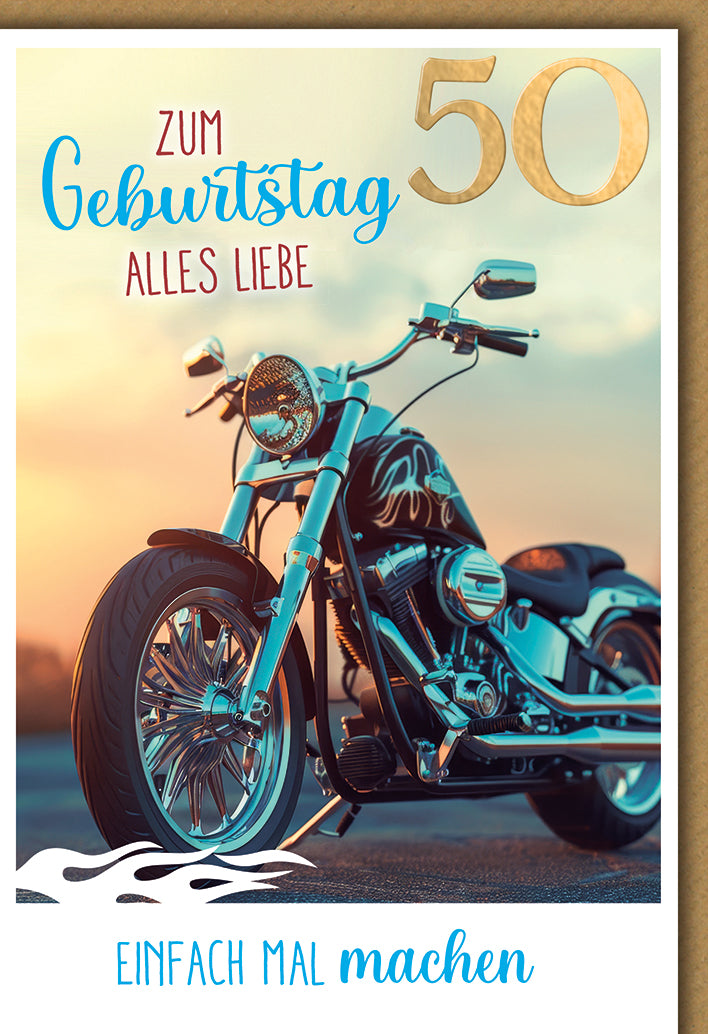 Geburtstagskarte 50: Cruiser-Motorrad im Sonnenuntergang mit moderner Typografie