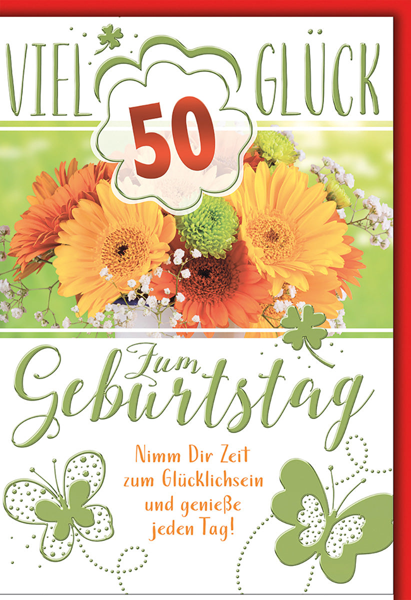 Geburtstagskarte 50. Geburtstag – Bunte Blumen & Schmetterlinge, Fröhliches Design für Frauen