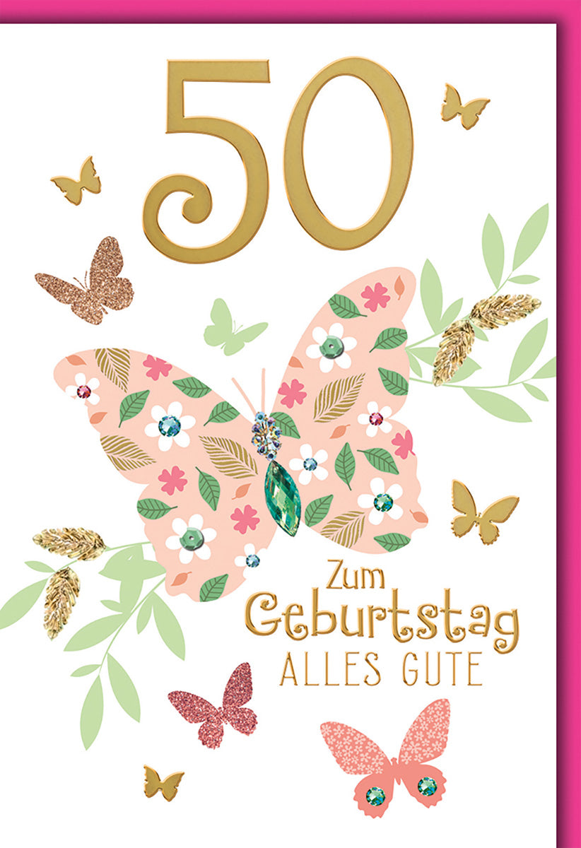 Geburtstagskarte 50. Geburtstag: Eleganter Schmetterling, Goldakzente, florales Design für Frauen
