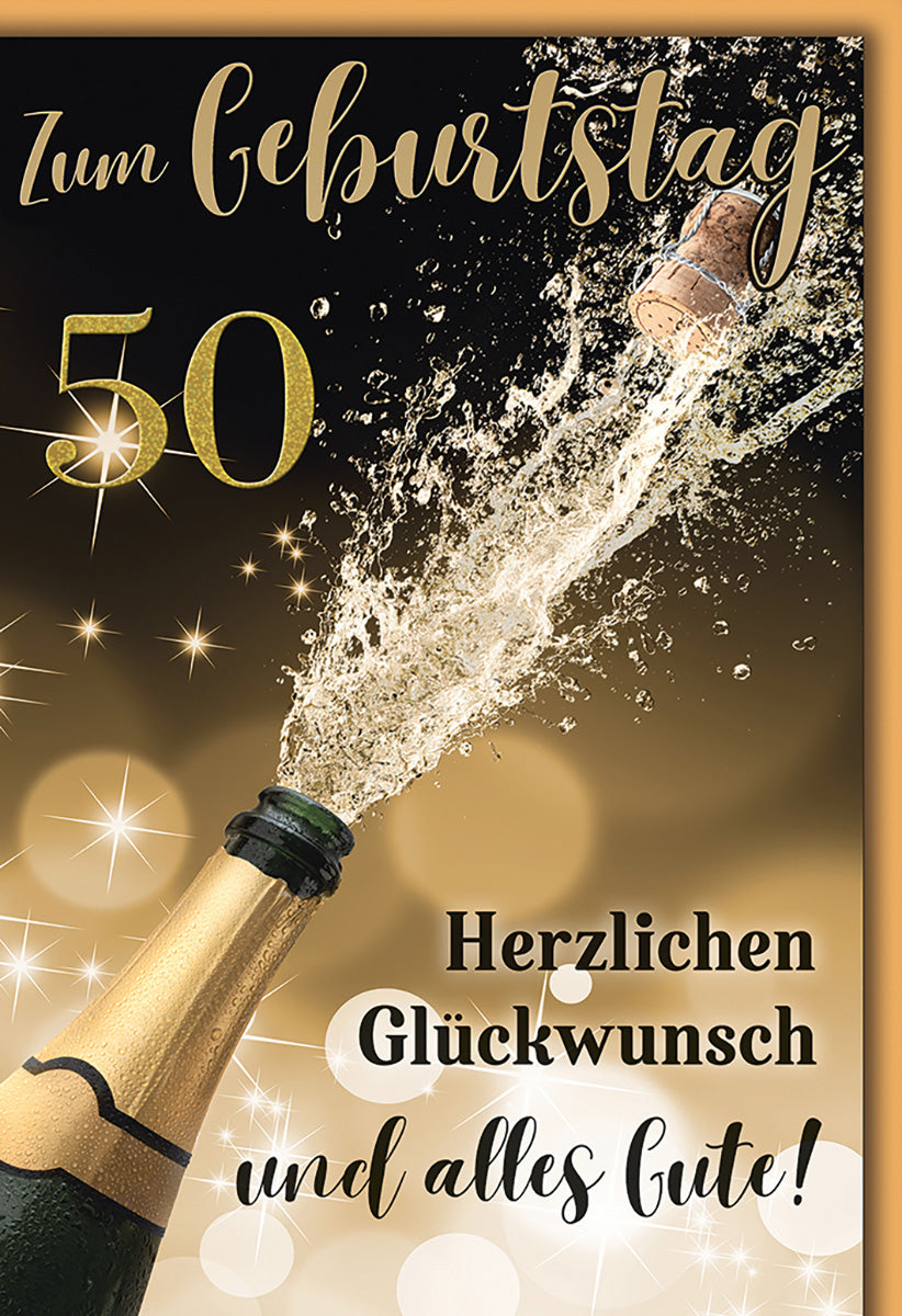 Geburtstagskarte 50. Geburtstag: Elegantes Champagner-Motiv mit goldenen Akzenten für stilvolle Feiern