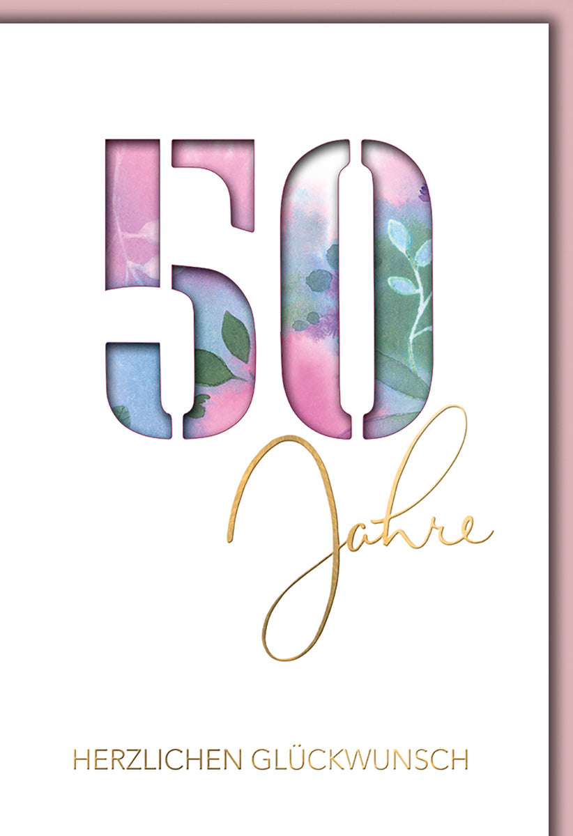 Geburtstagskarte 50. Geburtstag: Elegantes Design mit Blumenmotiv und Goldschrift für stilvolle Feiern