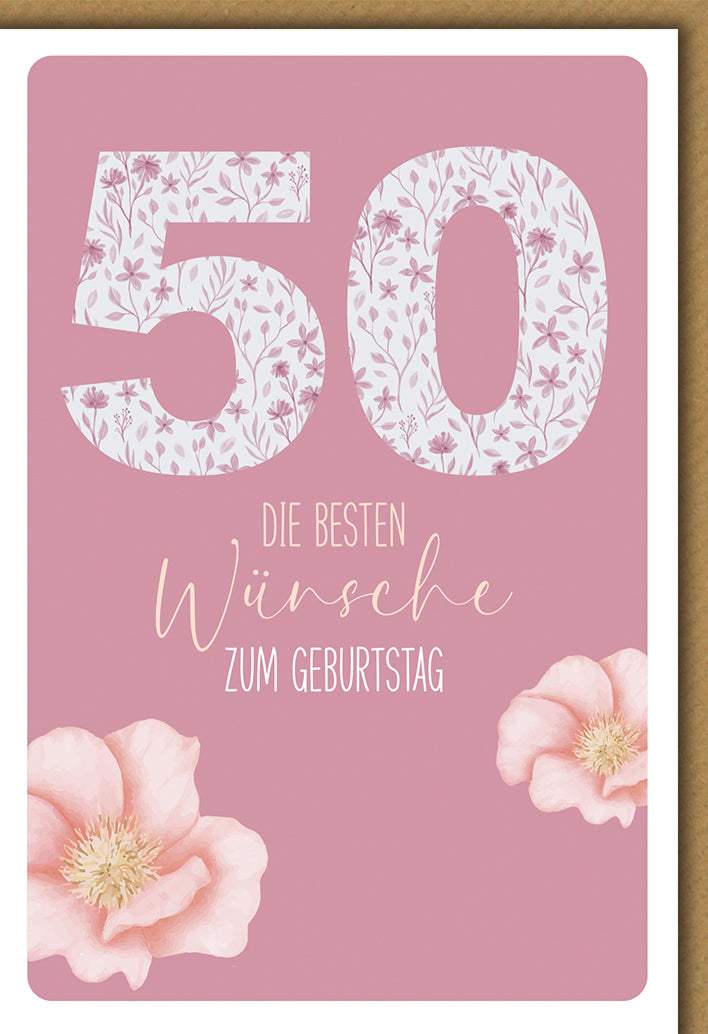 Geburtstagskarte 50. Geburtstag: Florale Zahl in Rosa mit eleganten Blüten-Motiven