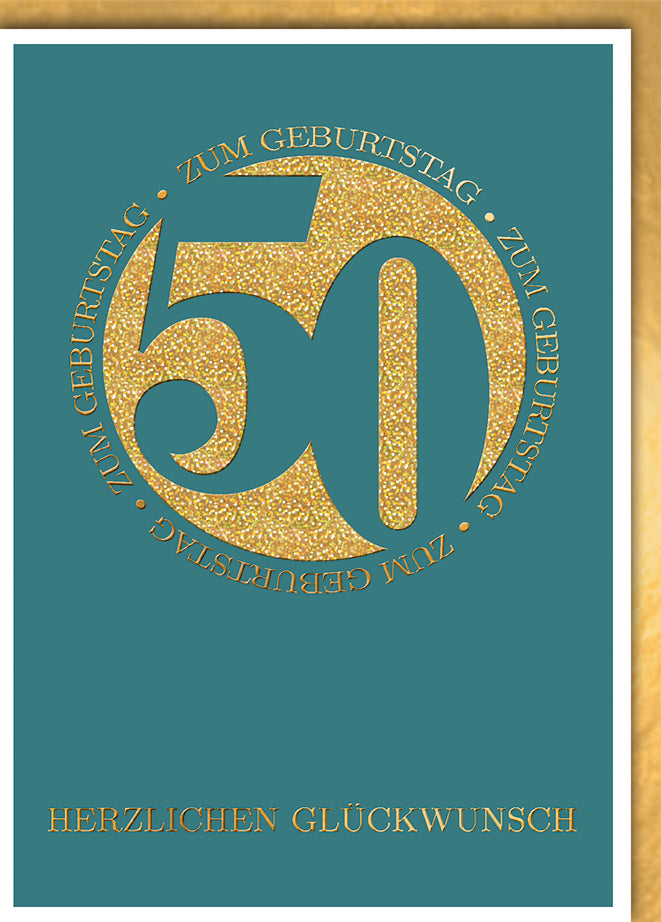 Geburtstagskarte 50. Geburtstag: Goldene 50 in türkisgrünem Design, elegant modern
