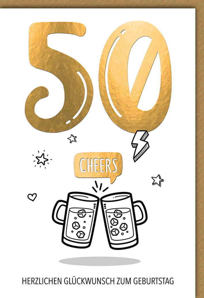 Geburtstagskarte 50. Geburtstag: Goldene Zahlen mit Bier-Motiv, eleganter Stil