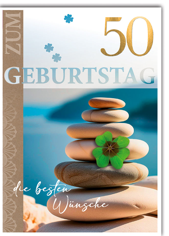 Geburtstagskarte 50. Geburtstag: Steinturm mit Kleeblatt vor Meer, elegante Goldschrift