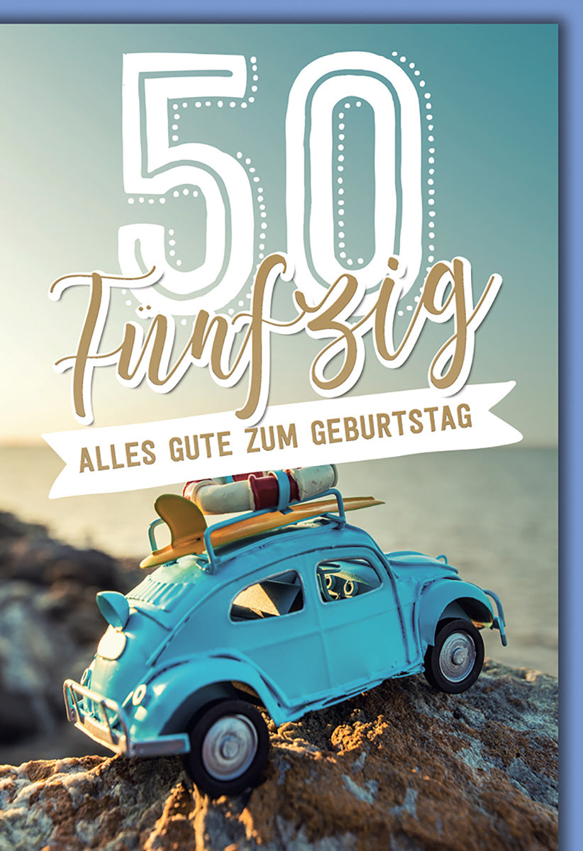 Geburtstagskarte 50. Geburtstag: Vintage Auto am Meer, Retro-Stil, für Abenteuerlustige