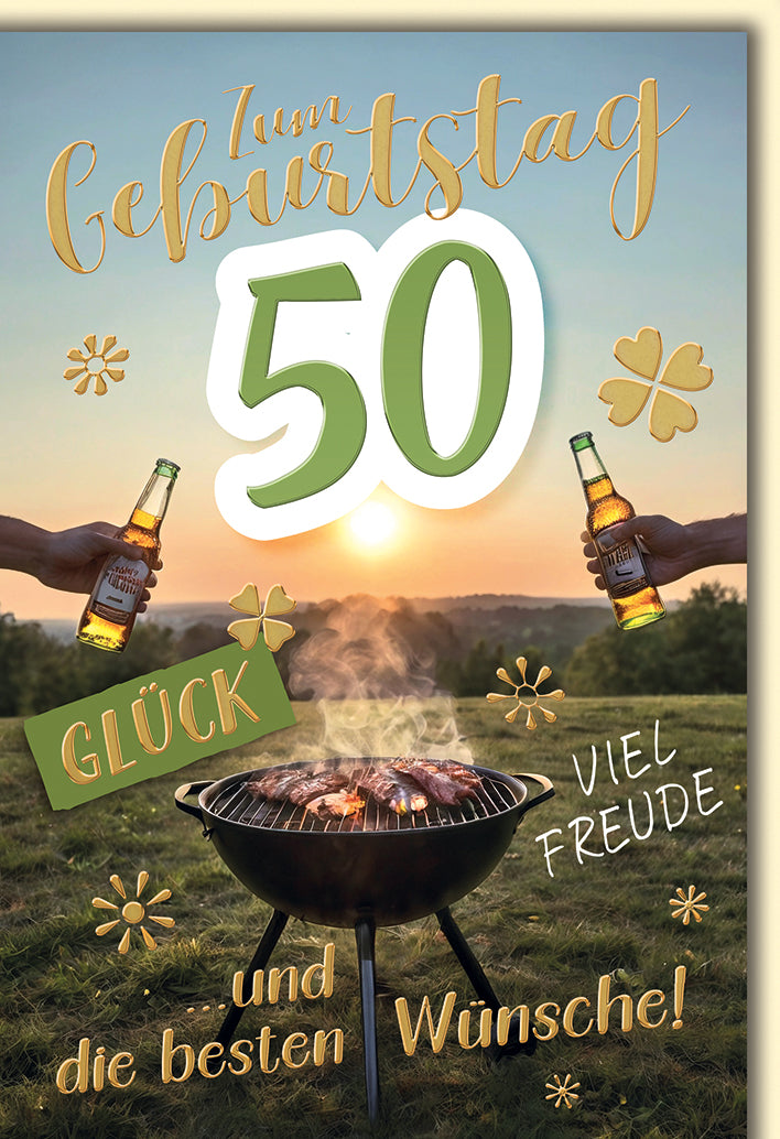 Geburtstagskarte 50: Grill-Szene mit Bier und Landschaft, goldene Glückwünsche
