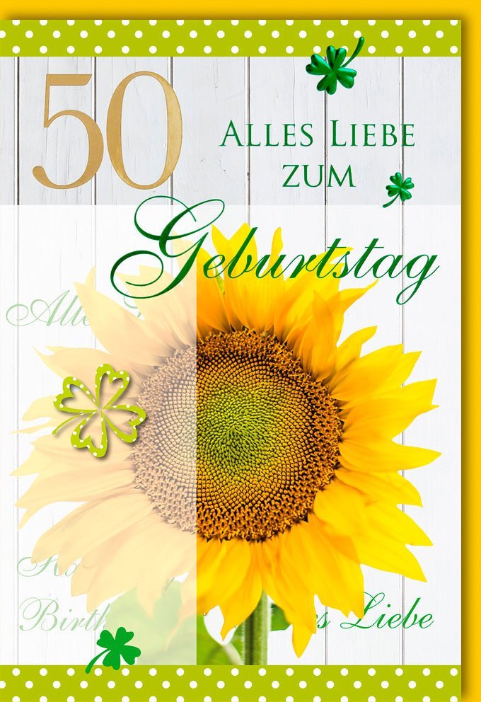Geburtstagskarte 50. Jubiläum – Sonnenblumen & Goldzahl Design, Elegant mit Folienprägung und Kuvert für Frauen & Männer