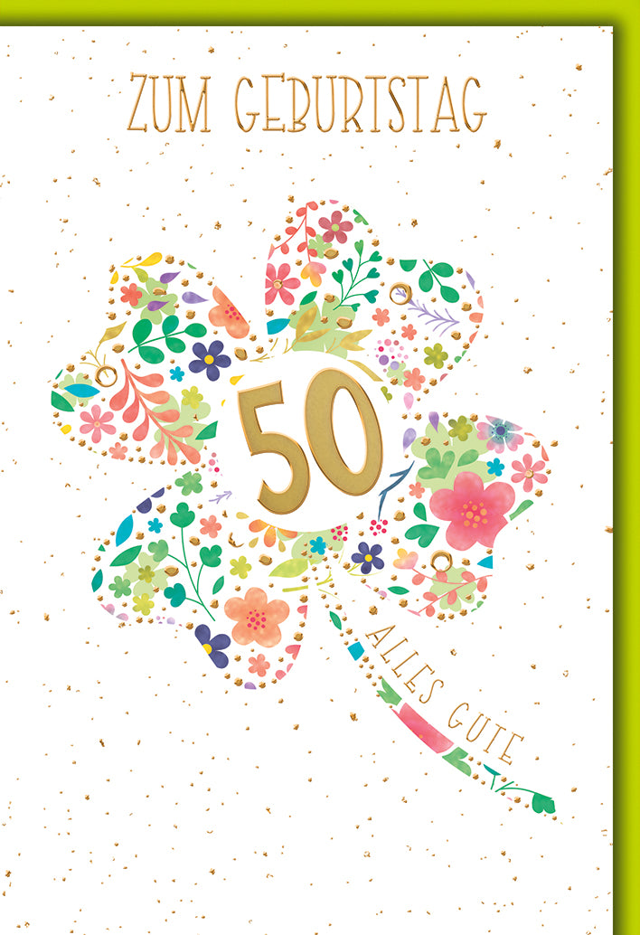 Geburtstagskarte 50: Kleeblatt aus bunten Blüten in Aquarell-Stil, elegante Goldtöne