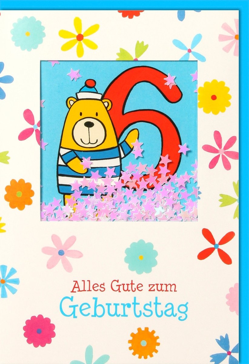 Geburtstagskarte 6. Geburtstag für Kinder – Bär im blau-gestreiften Anzug mit glänzender Applikation. Mit Kuvert.