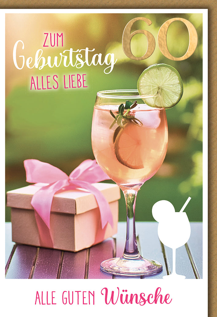 Geburtstagskarte 60: Eleganter Cocktail mit Geschenk in Rosa-Grün, festlicher Stil