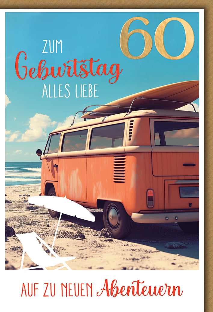 Geburtstagskarte 60. Geburtstag: Vintage VW Bus am Strand mit Surfbrett, Retro-Stil
