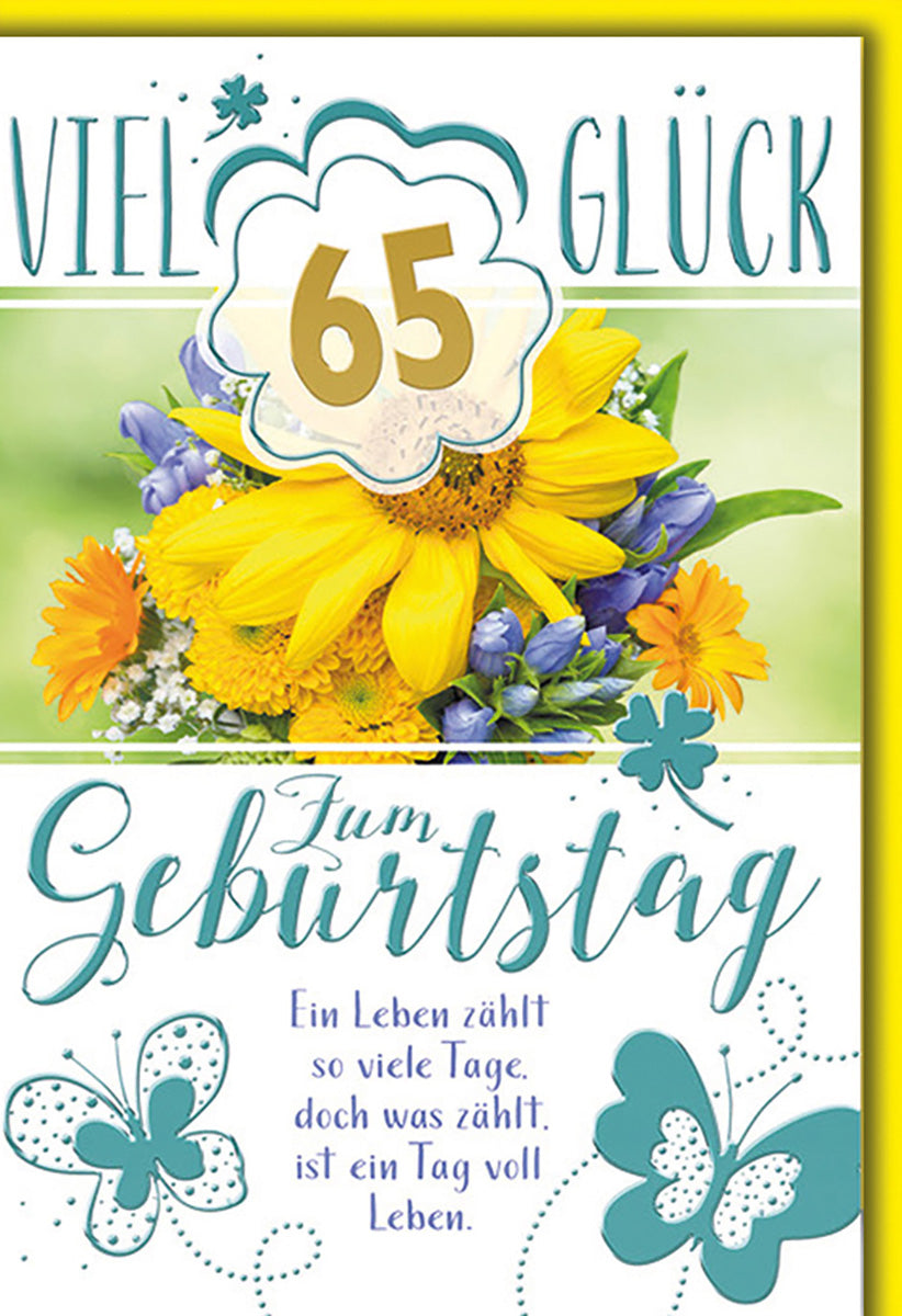 Geburtstagskarte 65: Bunte Blumenpracht mit Schmetterlingen und Glückwünschen zum besonderen Ehrentag