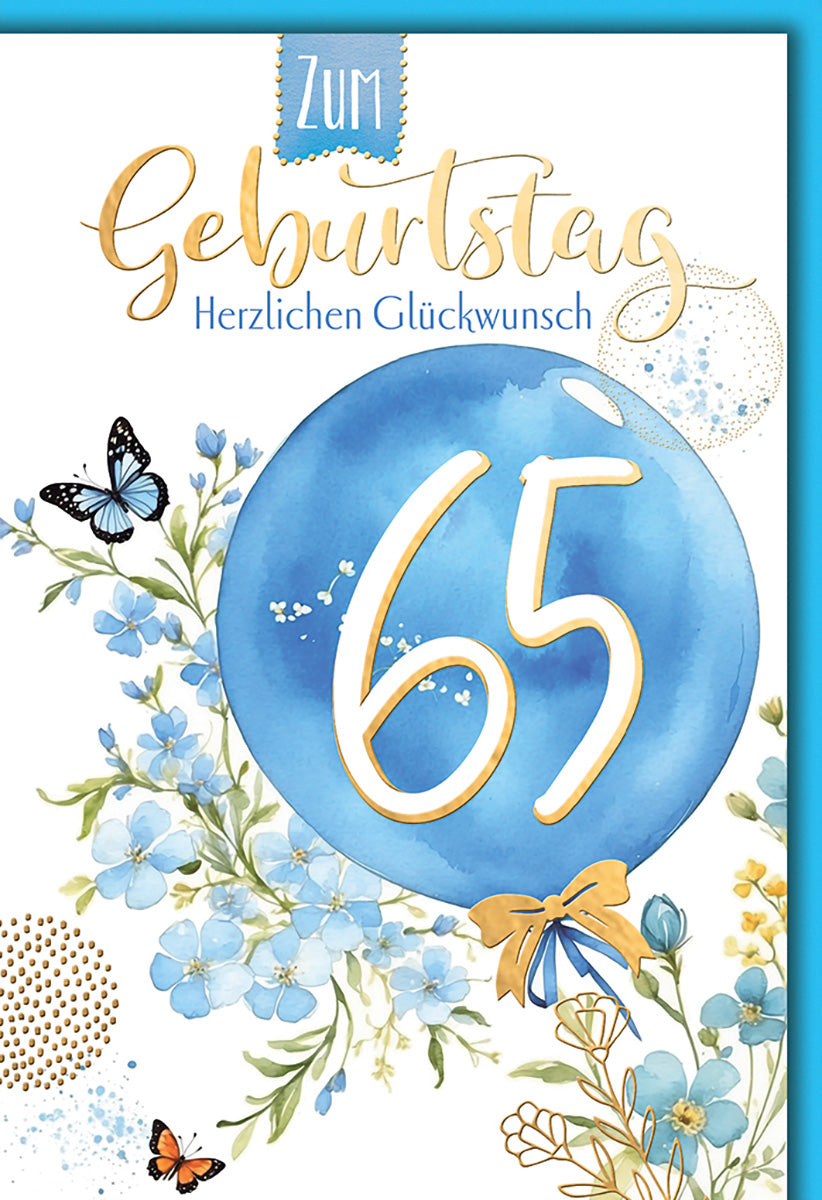 Geburtstagskarte 65: Elegante Blumen & Ballon in Blau-Gold für stilvolle Geburtstagsgrüße