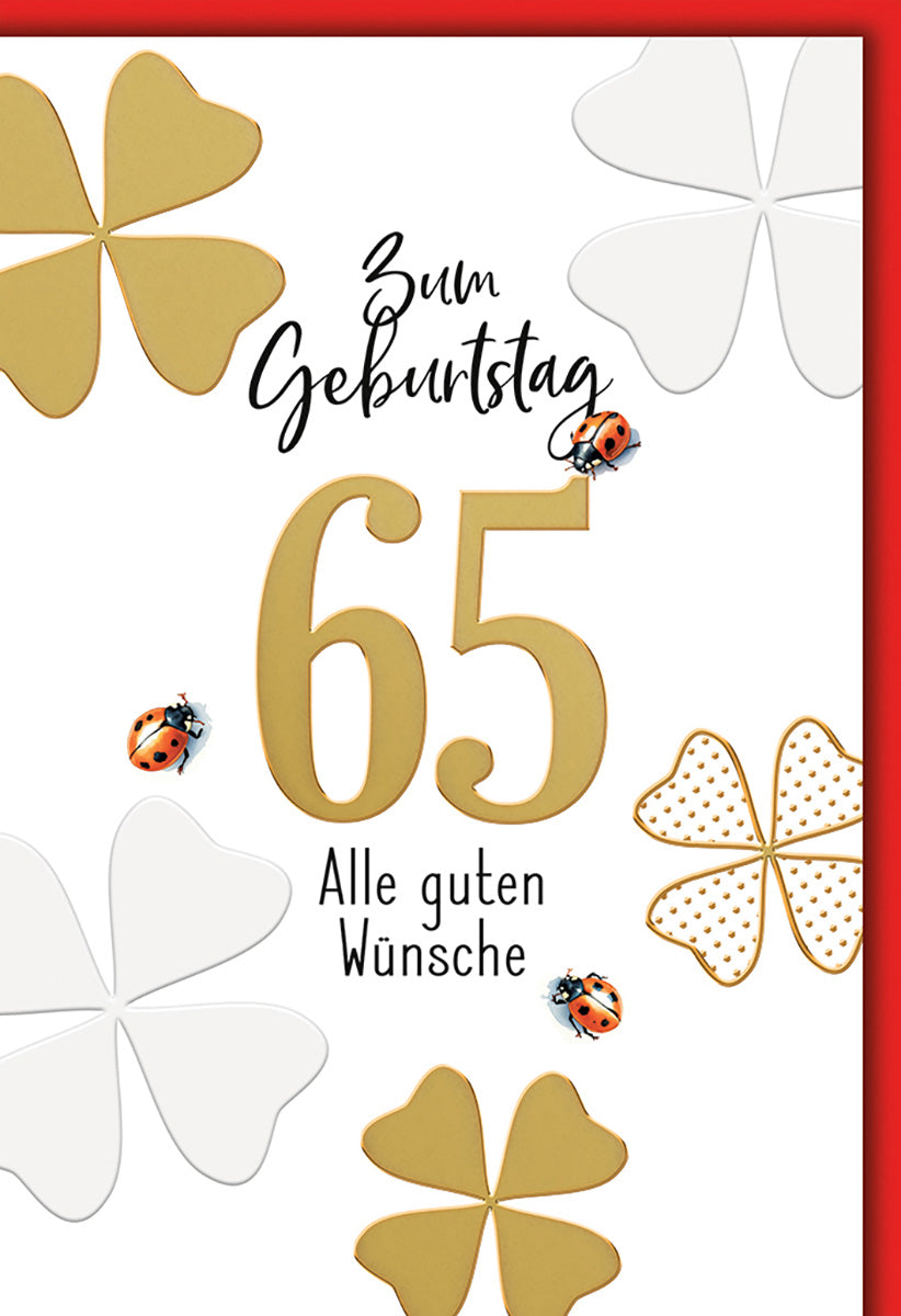 Geburtstagskarte 65: Elegantes Kleeblatt-Design mit Marienkäfern in Gold und Weiß für Glückwünsche