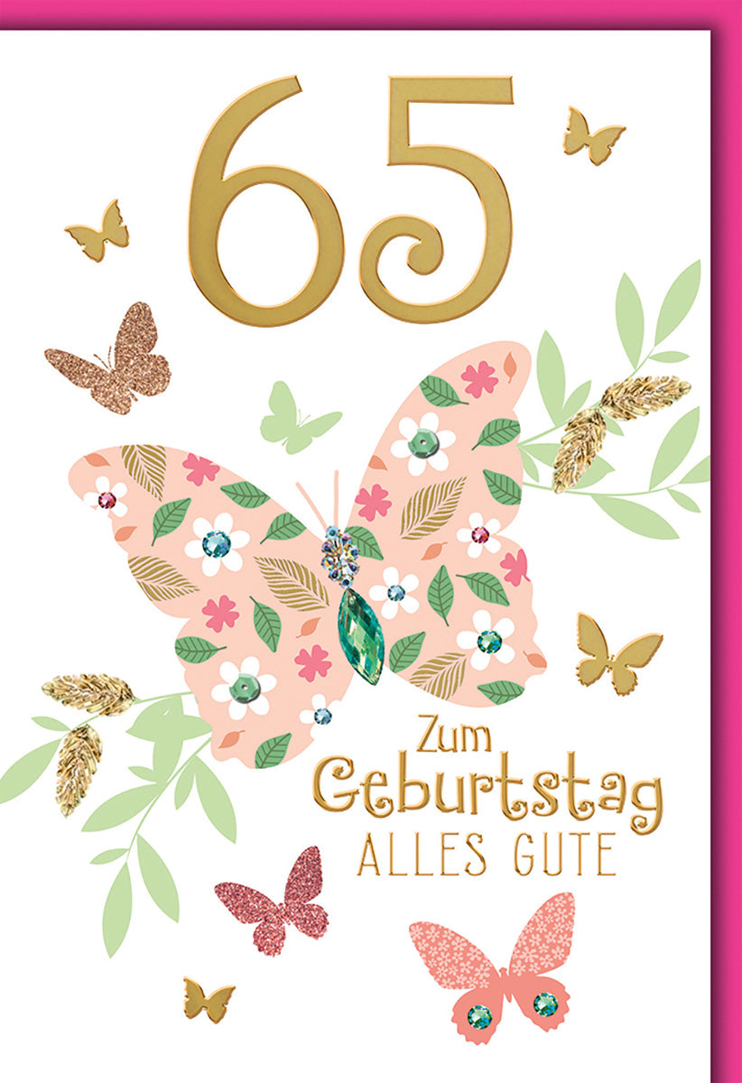 Geburtstagskarte 65. Geburtstag: Eleganter Schmetterling mit Blumenmotiv in Rosa und Gold für Damen