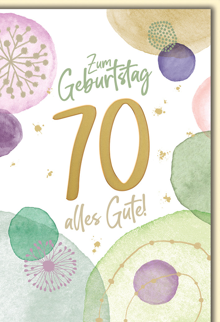 Geburtstagskarte 70. Geburtstag: Aquarell-Kreise in Pastelltönen mit eleganter Typografie